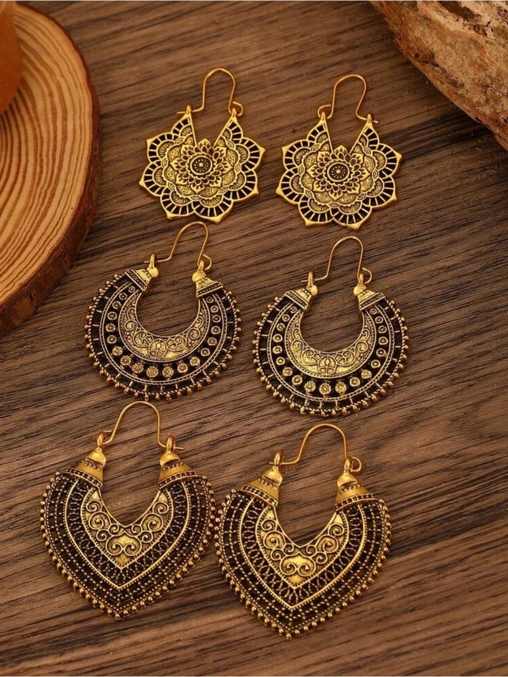 SET boho bronze earring 3 pairs  Gold dangle boho earring set
